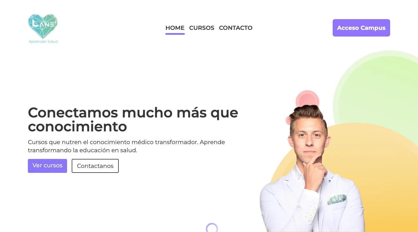 Sitio público de LANS Aprender Salud con su propuesta de formación y accesos a cursos y campus