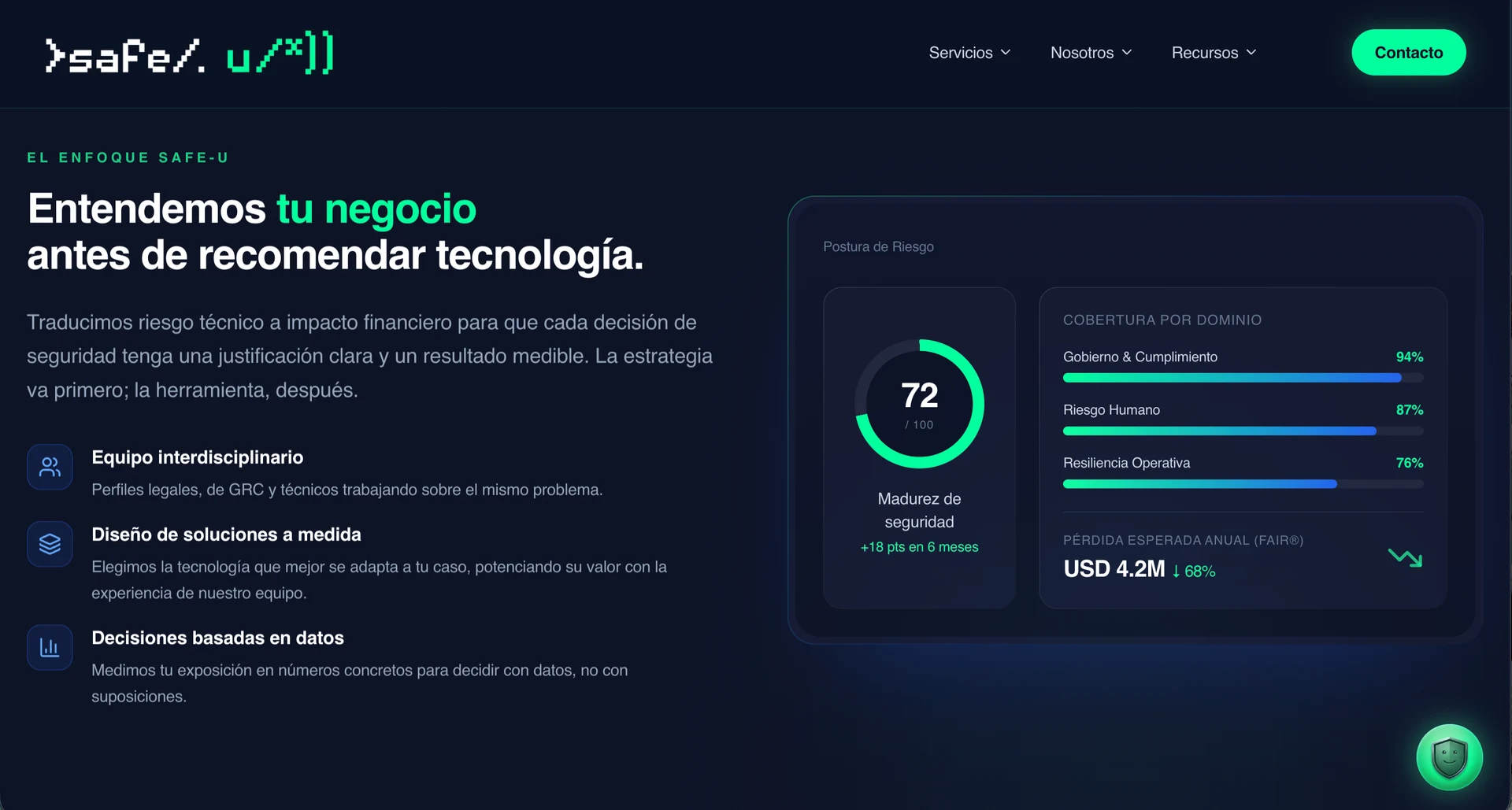 Sitio de Safe-U: presentación de su enfoque de ciberseguridad centrado en el negocio
