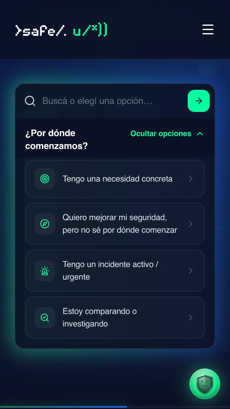 Vista móvil de Safe-U: buscador y cuatro opciones para orientar la navegación según la necesidad del visitante